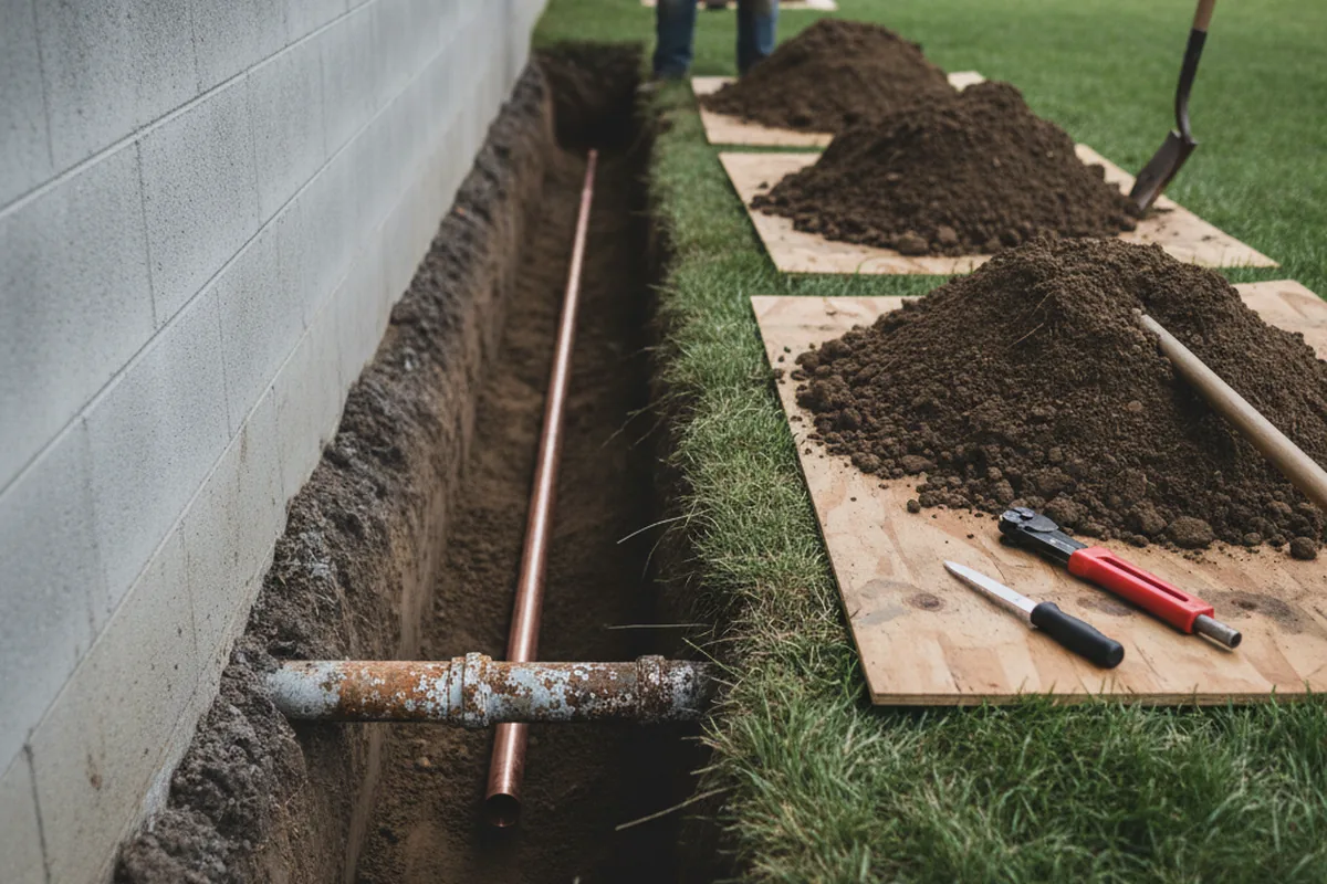 Excavated water line trench during Water Softener Installation in Rayland